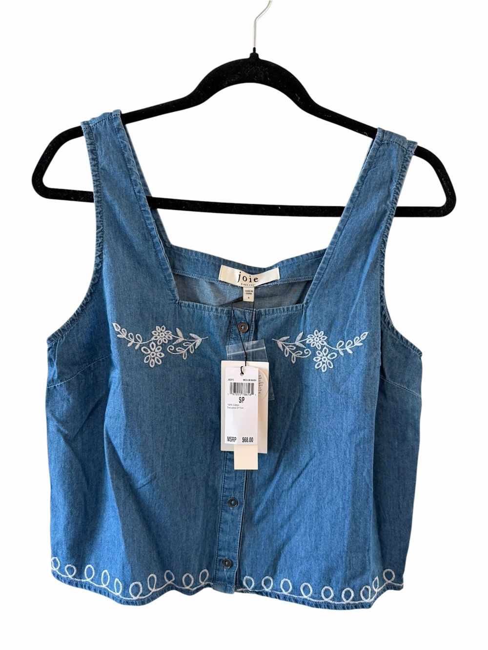 NWT Joie Blue Denim Cotton Embroidered Button-Front Tank size Small